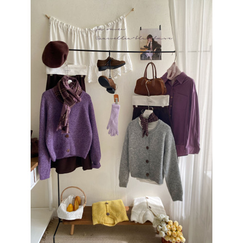 溫柔風黃色圓領針織毛衣女秋復古椰子釦小衆顯瘦休閒毛衣外套上衣