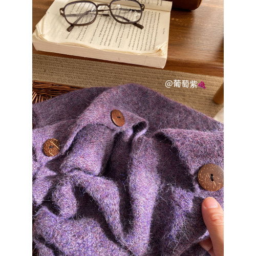 溫柔風黃色圓領針織毛衣女秋復古椰子釦小衆顯瘦休閒毛衣外套上衣