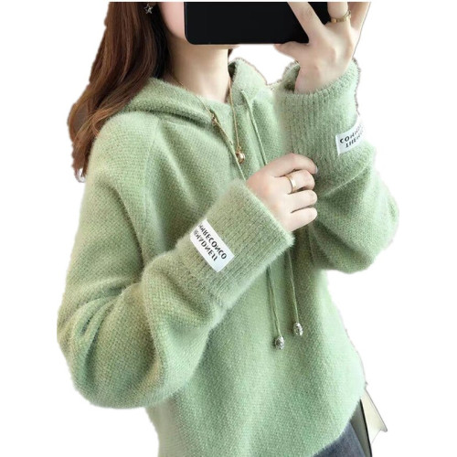 2025春秋新款毛衣女針織打底衫水貂絨寬松慵懶風外穿學生連帽衛衣