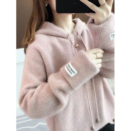 2025春秋新款毛衣女針織打底衫水貂絨寬松慵懶風外穿學生連帽衛衣