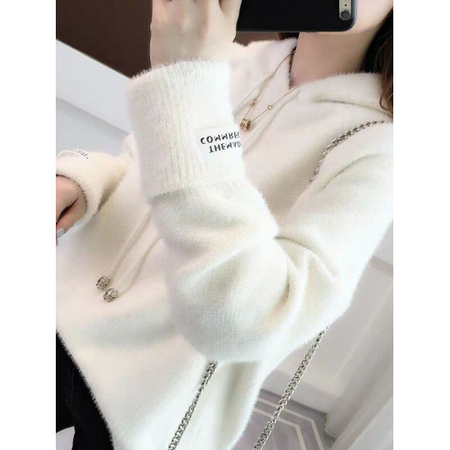 2025春秋新款毛衣女針織打底衫水貂絨寬松慵懶風外穿學生連帽衛衣