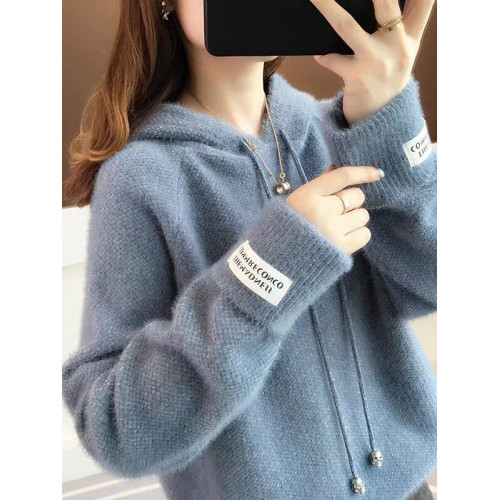 2025春秋新款毛衣女針織打底衫水貂絨寬松慵懶風外穿學生連帽衛衣