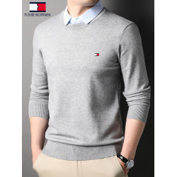 湯米希凱利秋冬季男士假兩件襯衫領毛衣保暖加厚款套頭針織衫休閒