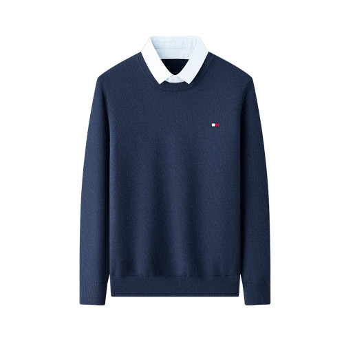 湯米希凱利秋冬季男士假兩件襯衫領毛衣保暖加厚款套頭針織衫休閒