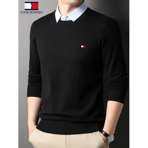 湯米希凱利秋冬季男士假兩件襯衫領毛衣保暖加厚款套頭針織衫休閒