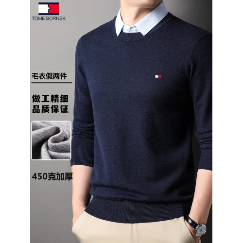 湯米希凱利秋冬季男士假兩件襯衫領毛衣保暖加厚款套頭針織衫休閒