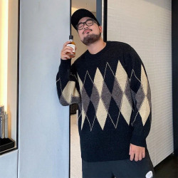 秋冬加厚加大保暖圓領毛衣男潮牌胖子寬松大碼菱格打底線衣針織衫