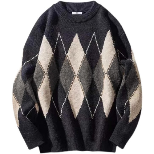 秋冬加厚加大保暖圓領毛衣男潮牌胖子寬松大碼菱格打底線衣針織衫