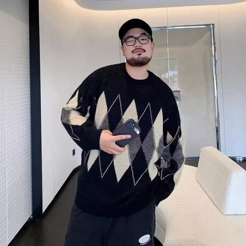 秋冬加厚加大保暖圓領毛衣男潮牌胖子寬松大碼菱格打底線衣針織衫