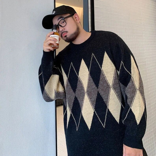 秋冬加厚加大保暖圓領毛衣男潮牌胖子寬松大碼菱格打底線衣針織衫