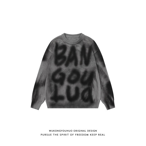 悟空有貨美式潮牌塗鴉廢土風字母圓領針織衫男女秋季高街百搭毛衣