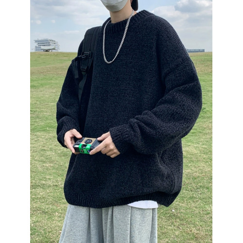 秋冬季純色圓領毛衣男套頭百搭潮牌休閒韓式學生青少年日系針織衫