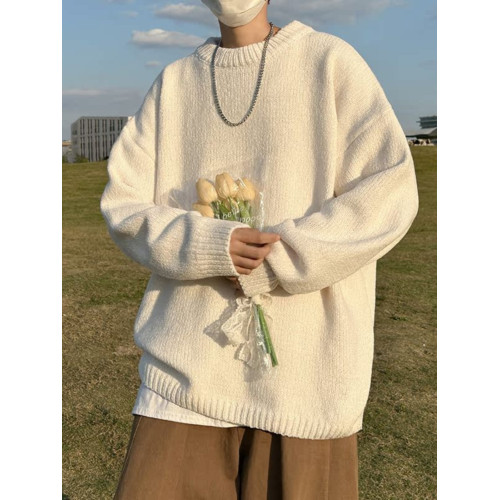 秋冬季純色圓領毛衣男套頭百搭潮牌休閒韓式學生青少年日系針織衫