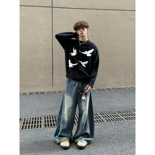 白菜coke和平鴿馬海毛衣男女情侶秋冬潮牌美式復古寬松慵懶針織衫