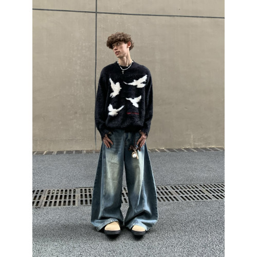 白菜coke和平鴿馬海毛衣男女情侶秋冬潮牌美式復古寬松慵懶針織衫