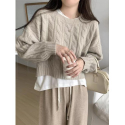 圓領套頭麻花針織衫上衣女裝春秋季新款內搭慵懶軟糯毛衣短款外套