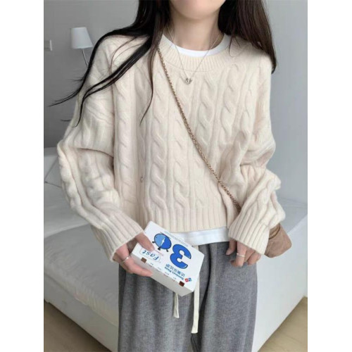 圓領套頭麻花針織衫上衣女裝春秋季新款內搭慵懶軟糯毛衣短款外套