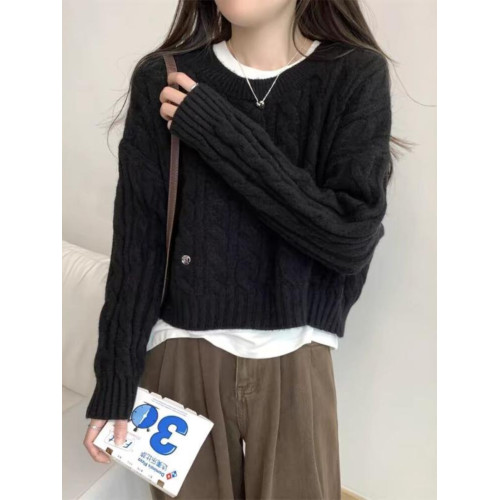 圓領套頭麻花針織衫上衣女裝春秋季新款內搭慵懶軟糯毛衣短款外套