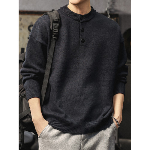 美式復古亨利領毛衣男輕熟風針織衫內搭冬季保暖男士黑色打底衫潮