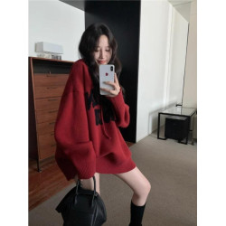 字母刺綉連帽套頭毛衣女秋季復古紅色針織衫慵懶寬松加厚長袖上衣