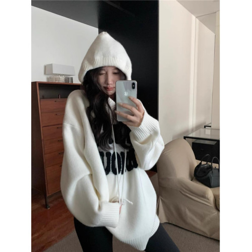 字母刺綉連帽套頭毛衣女秋季復古紅色針織衫慵懶寬松加厚長袖上衣