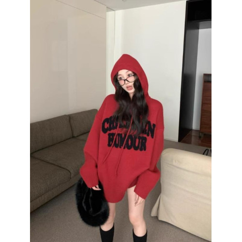 字母刺綉連帽套頭毛衣女秋季復古紅色針織衫慵懶寬松加厚長袖上衣