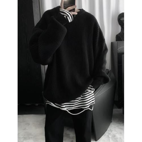 日系圓領針織衫男款冬季套頭慵懶風加厚保暖打底寬松毛衣復古線衣