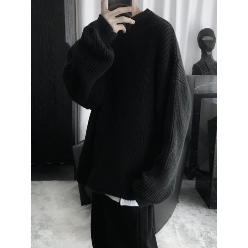 日系圓領針織衫男款冬季套頭慵懶風加厚保暖打底寬松毛衣復古線衣