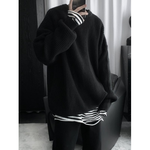 日系圓領針織衫男款冬季套頭慵懶風加厚保暖打底寬松毛衣復古線衣