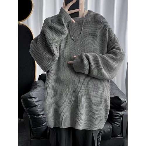 日系圓領針織衫男款冬季套頭慵懶風加厚保暖打底寬松毛衣復古線衣