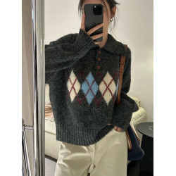美拉德咖色菱格polo領毛衣女慵懶外穿早秋冬季寬松chic針織衫上衣