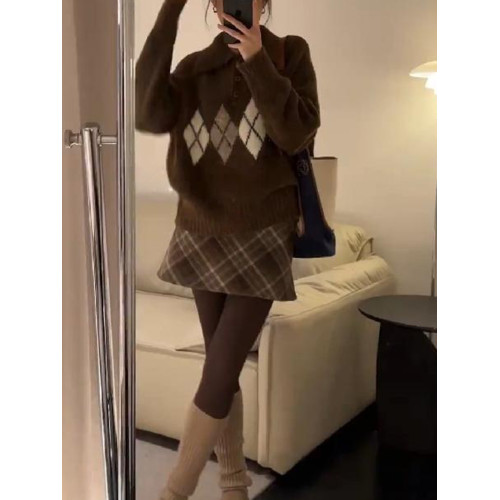 美拉德咖色菱格polo領毛衣女慵懶外穿早秋冬季寬松chic針織衫上衣