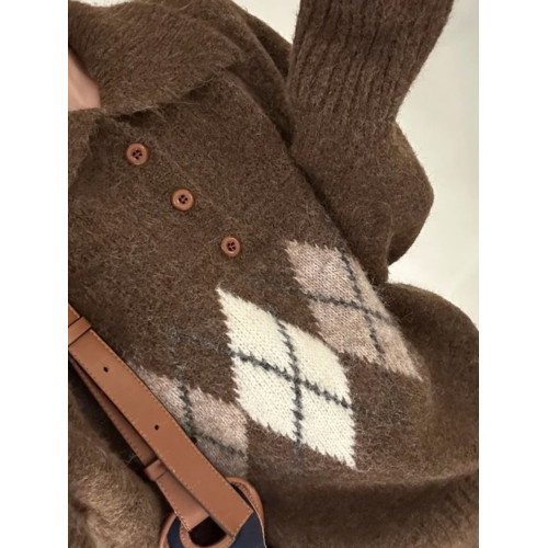 美拉德咖色菱格polo領毛衣女慵懶外穿早秋冬季寬松chic針織衫上衣