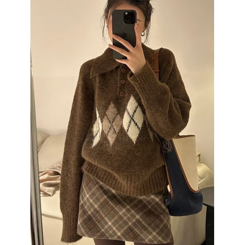 美拉德咖色菱格polo領毛衣女慵懶外穿早秋冬季寬松chic針織衫上衣