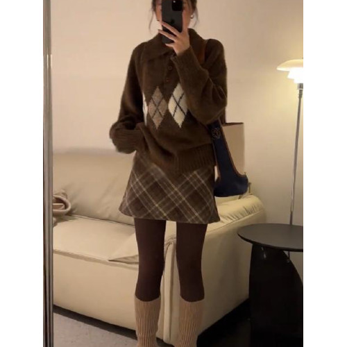 美拉德咖色菱格polo領毛衣女慵懶外穿早秋冬季寬松chic針織衫上衣