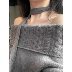 韓系灰色一字肩毛衣女冬季高級感寬鬆外穿慵懶風獨特漂亮針織上衣