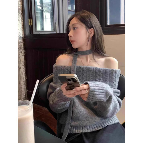 韓系灰色一字肩毛衣女冬季高級感寬鬆外穿慵懶風獨特漂亮針織上衣