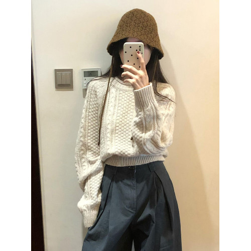 高級感白色羊絨圓領套頭毛衣女秋冬慵懶寬松可外穿內搭針織衫上衣