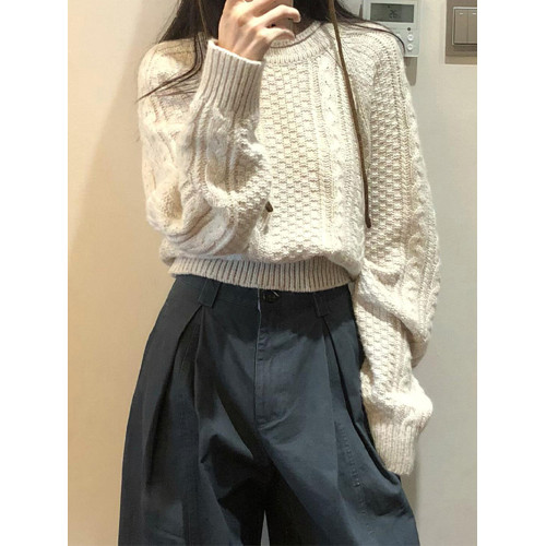 高級感白色羊絨圓領套頭毛衣女秋冬慵懶寬松可外穿內搭針織衫上衣