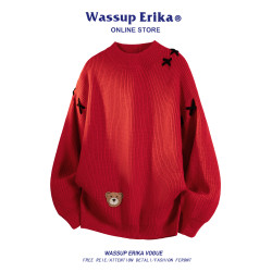 WASSUP ERIKA毛衣慵懶高級感韓系秋冬小熊白色針織衫男情侶打底衫