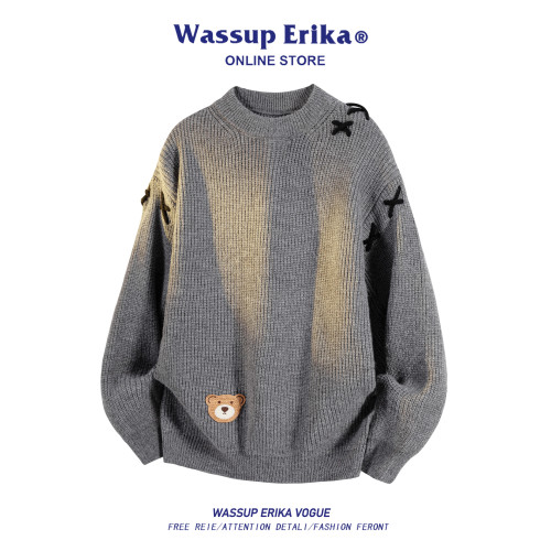 WASSUP ERIKA毛衣慵懶高級感韓系秋冬小熊白色針織衫男情侶打底衫