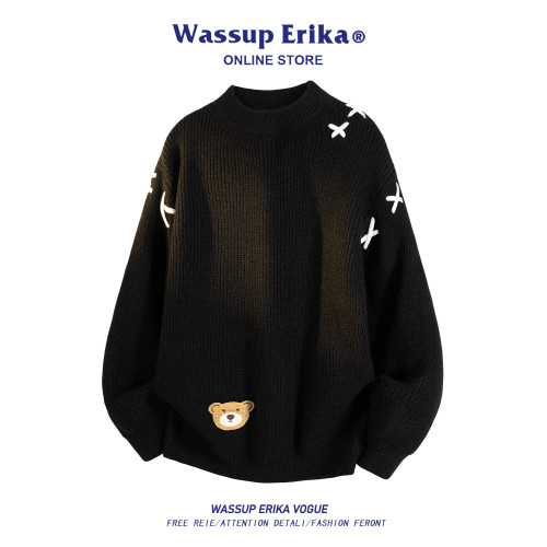 WASSUP ERIKA毛衣慵懶高級感韓系秋冬小熊白色針織衫男情侶打底衫