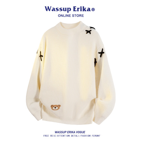 WASSUP ERIKA毛衣慵懶高級感韓系秋冬小熊白色針織衫男情侶打底衫