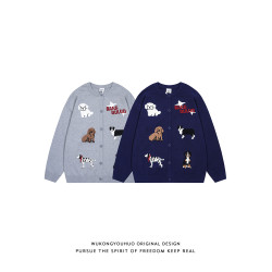 悟空有貨秋季復古潮牌小狗提花開衫毛衣男寬松情侶慵懶針織衫外套