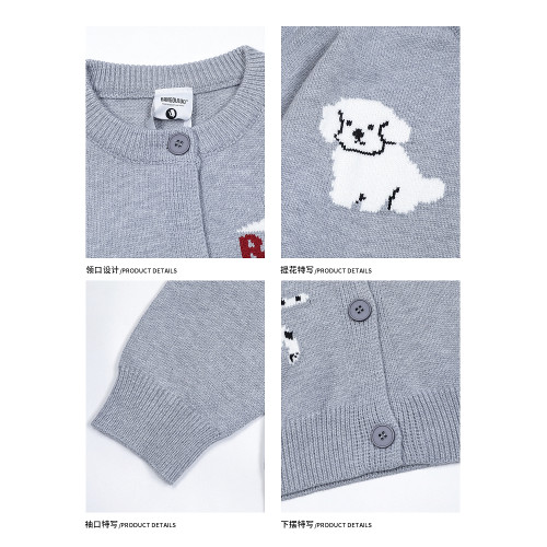 悟空有貨秋季復古潮牌小狗提花開衫毛衣男寬松情侶慵懶針織衫外套