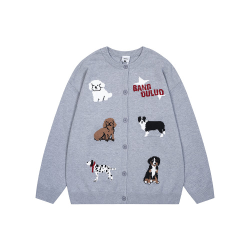 悟空有貨秋季復古潮牌小狗提花開衫毛衣男寬松情侶慵懶針織衫外套