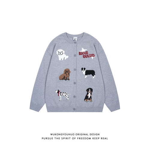 悟空有貨秋季復古潮牌小狗提花開衫毛衣男寬松情侶慵懶針織衫外套
