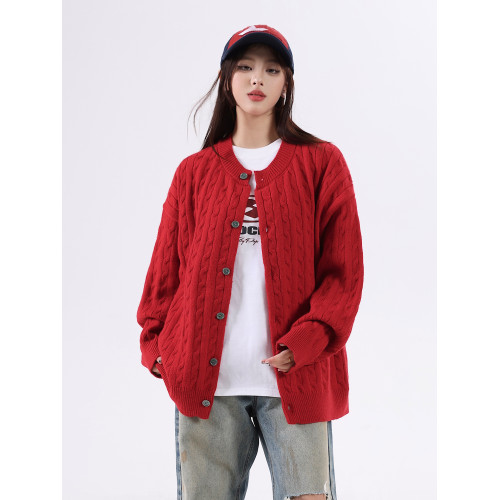 悟空有貨復古絞花紋理感開衫毛衣男女秋季慵懶寬松情侶休閒針織衫