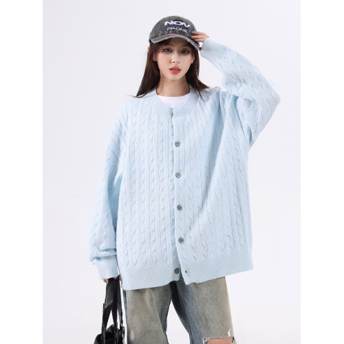 悟空有貨復古絞花紋理感開衫毛衣男女秋季慵懶寬松情侶休閒針織衫