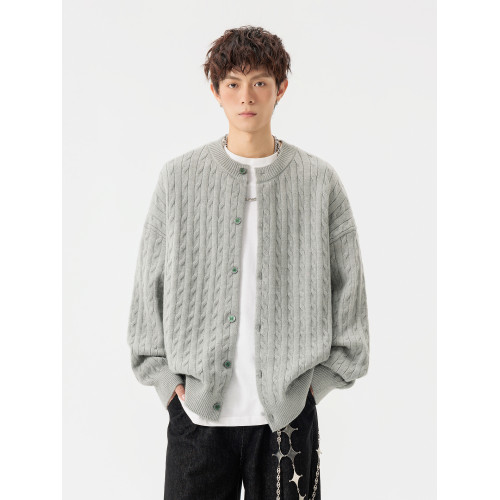 悟空有貨復古絞花紋理感開衫毛衣男女秋季慵懶寬松情侶休閒針織衫